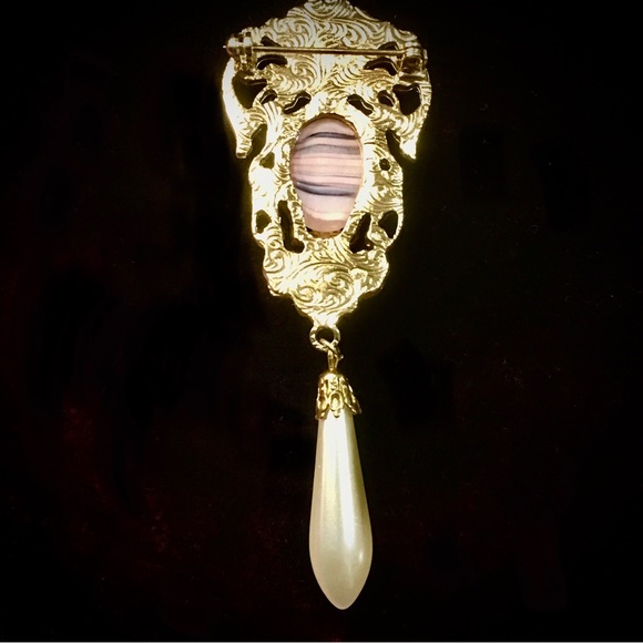 VINTAGE DROP PEARL & AGATE RHINESTONE GOLD-TONE CLIP EARRINGS & BROOCH GORGEOUS! - Picture 8 of 10